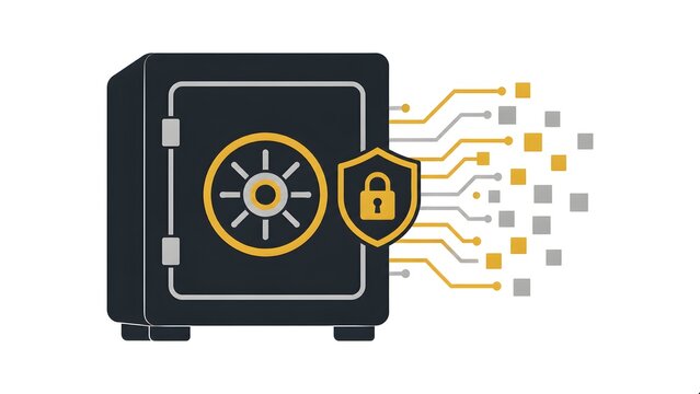 Digital Data Security Safe Vault with Cyber Protection Shield and Secure Database Technology Illustration for Cloud Storage, Encryption, Information Protection and Network Security