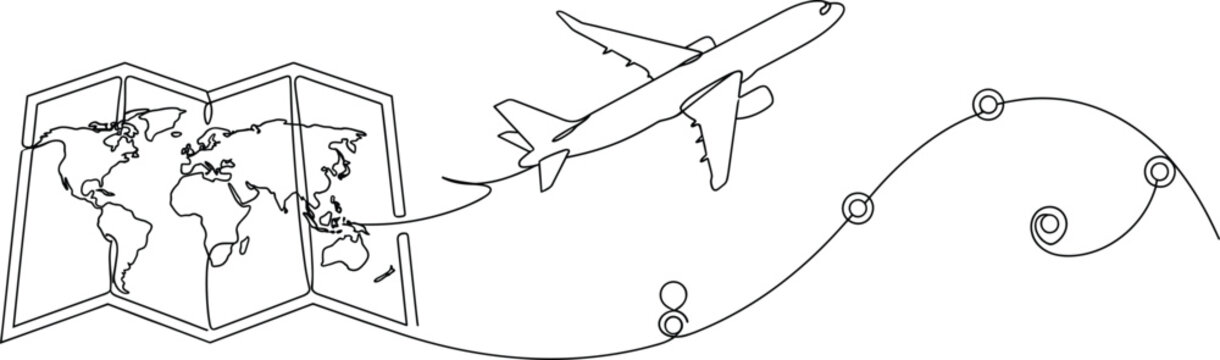 Continuous One Line World Map Airplane Travel Route Adventure Vector Illustration