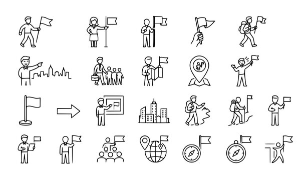 Simple Black and White Tour Guide Icons with Flags Editable Outline Vector Collection