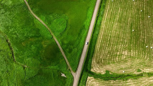 White vehicle traveling along dirt road between lush marshland and harvested field from high altitude top down viewpoint, with aerial, overhead, topdown, road detail