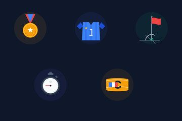 Sports achievement icon set featuring a gold medal, football jersey, corner flag, referee whistle, and stopwatch. Perfect for soccer apps, sports websites, tournaments, and athletic design projects © Rizki