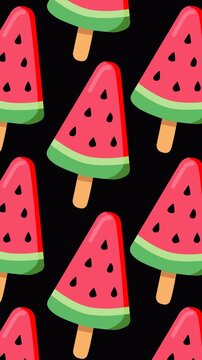 Refreshing watermelon popsicle pattern on a black background in a vertical format. Perfect for summer promotions, food content, social media stories, kids themes, dessert branding