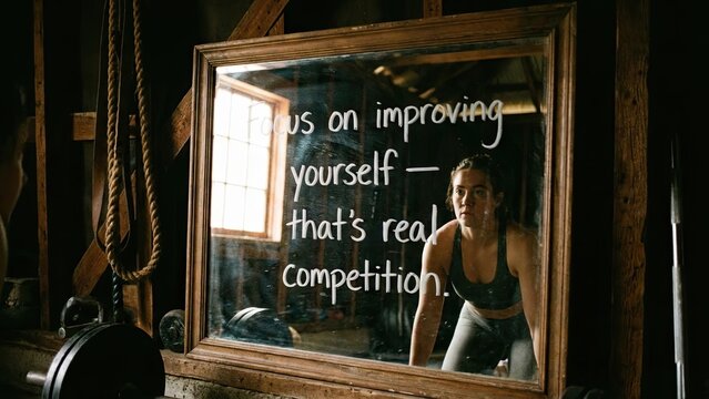 Woman preparing for a workout reflected in a mirror with motivational text about self-improvement and competition