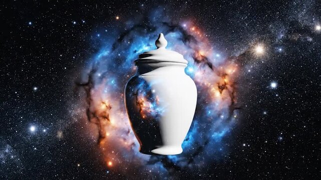 A white ceramic urn floats in a vibrant cosmic nebula
