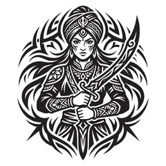 Fototapeta premium Female Warrior with Turban and Sword Tribal Tattoo Blackwork Ink Ornamental Illustration Design