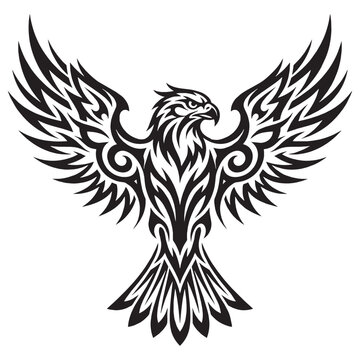 Majestic Tribal Eagle Tattoo Design, Ornamental Blackwork Ink Illustration of a Hawk with Spreading Wings