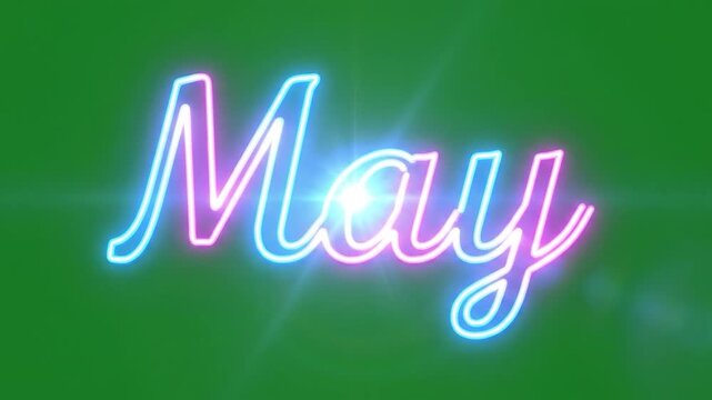 The word May is written in glowing neon script on a green background