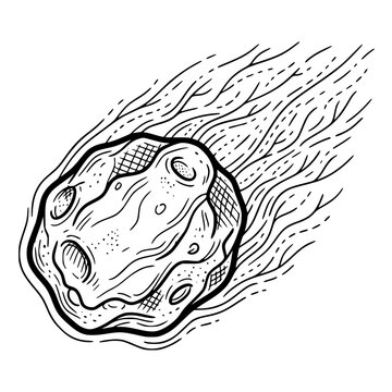 Hand-drawn vintage style illustration of a falling meteorite comet in space