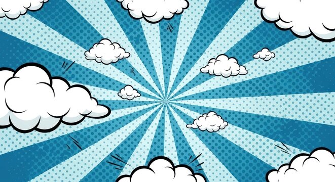 Blue radial comic background with scattered white clouds.
