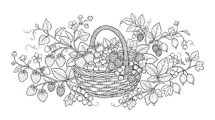 Vintage botanical berry basket illustration, hand drawn garden berries with leaves and flowers, rustic wicker basket vector line art © Dream Time Studio