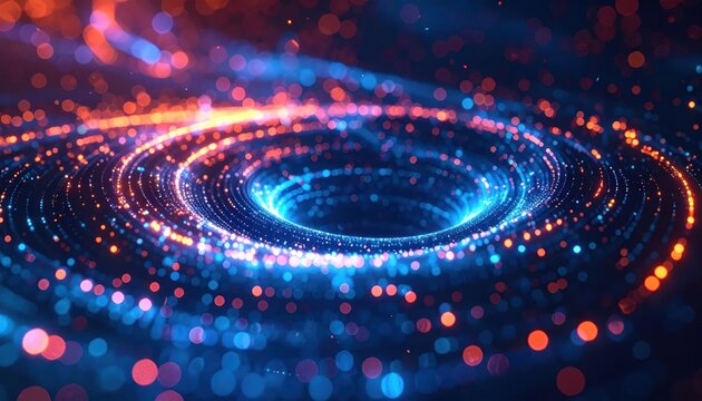 Horizontal glowing blue and orange particle energy wave.