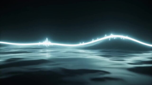 Abstract blue glowing wave form over dark water surface motion background