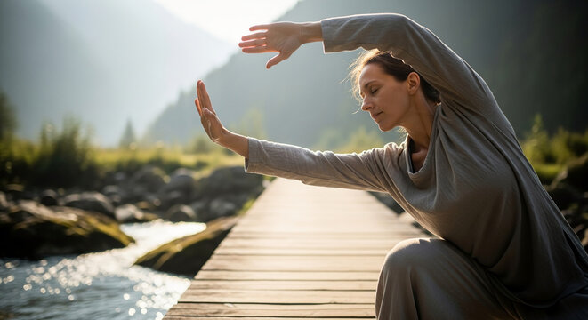 Serene woman practicing mindful movements like Tai Chi or Qigong on a wooden boardwalk over a mountain stream in a beautiful nature park.