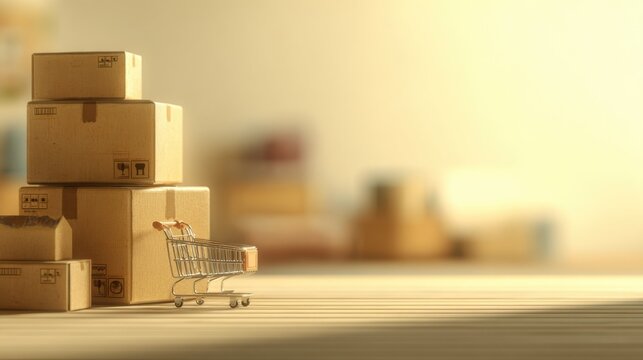 A Shopping Cart Next to Stacked Cardboard Boxes in a Brightly Lit Room Representing E-commerce Storage and Delivery Preparation
