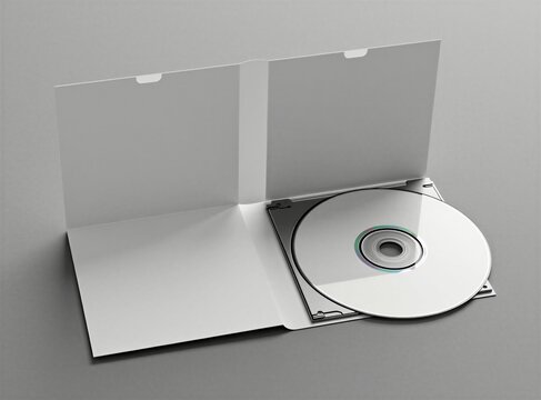 White cardboard digipack case for digital disc storage with open layout. Empty paper sleeve package for music album software presentation. Modern blank cover design template on grey background.