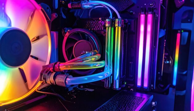 Inside high-end gaming PC with RGB lighting.
