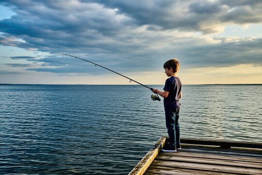 Young boy stands on wooden pier holding fishing rod. Kid fishes in calm blue water lake during cloudy summer afternoon. Anonymous child wears casual clothes enjoys peaceful nature outdoors vacation