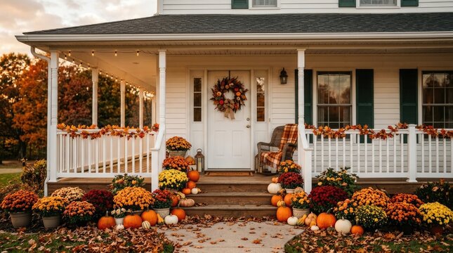 Festive autumn porch decor with pumpkins mums and wreath for fall season
