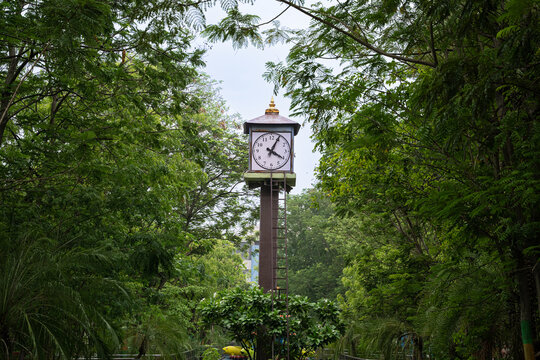 Analog Clock Tower Surrounded by Green Trees at Anna Nagar Park in Chennai, India