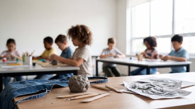 Clay, sculpting tools, an apron and sketches wait on an art table as students explore creative back-to-school projects