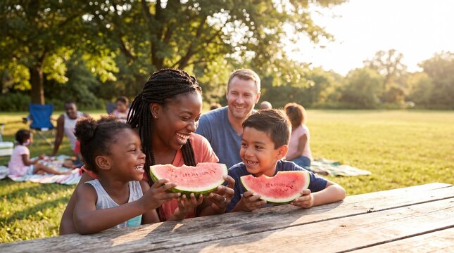 Family is eating watermelon slices together outdoors during a sunny summer picnic
