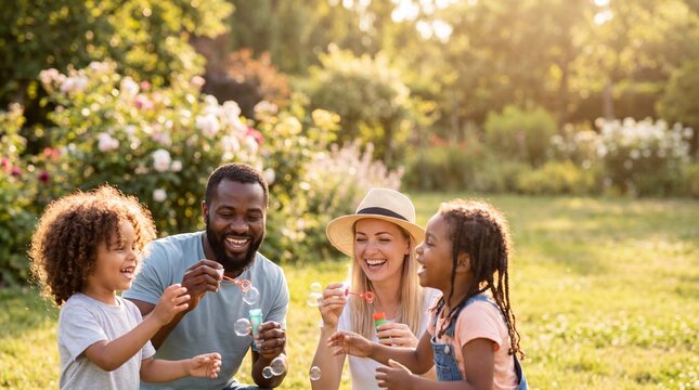Family is blowing soap bubbles together in a sunny late summer garden during vacation