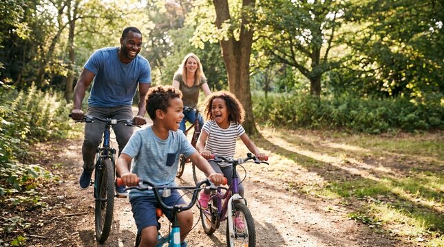 Family is riding bicycles together on a shaded summer park trail during vacation