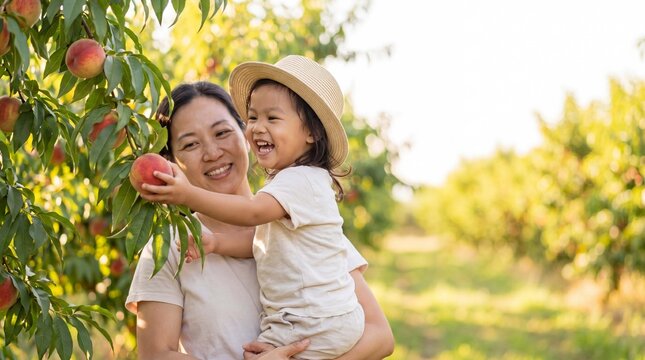 Toddler and parent picking a ripe peach together from a low branch during summer harvest