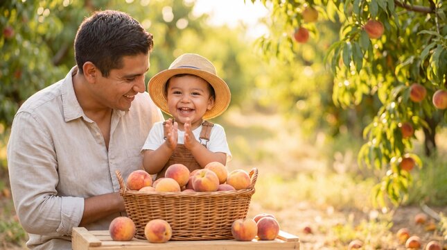 Excited toddler clapping over a fresh peach with smiling parent in a sunny orchard