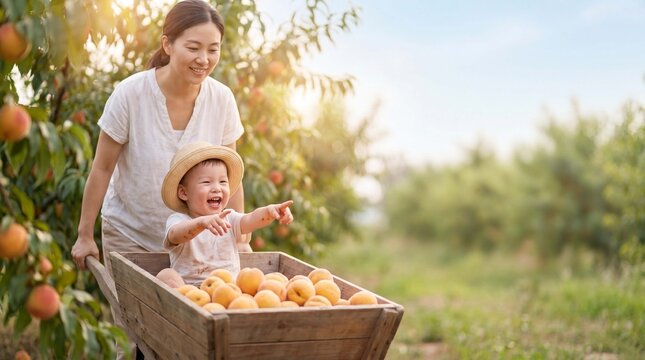 Parent pushing a joyful toddler in a wheelbarrow full of peaches during summer harvest