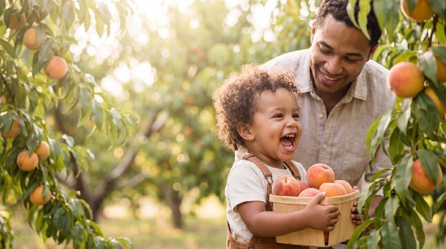 Toddler hugging a basket of peaches with a loving parent behind in a sunny summer orchard
