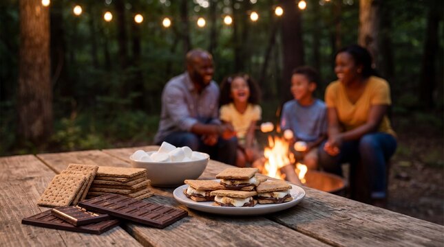 Smores ingredients rest on a picnic table while family gathers around a summer camping campfire