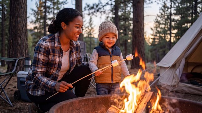 Parent and toddler toast marshmallows together over a glowing campfire during summer smores night