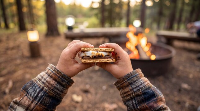 Toddler hands hold a freshly made smore over a picnic blanket by a summer camping campfire