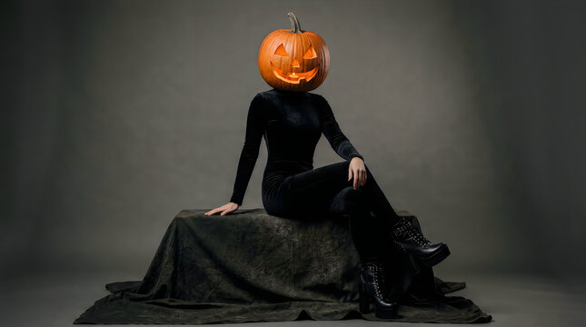 Halloween portrait woman in black with carved pumpkin head dramatic lighting
