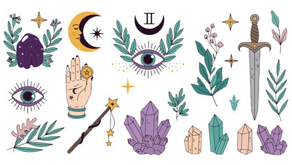 A collection of mystical and magical elements including crystals, a sword, a magic wand, crescent moons, eyes, and botanical illustrations on a white background. © Nevermind