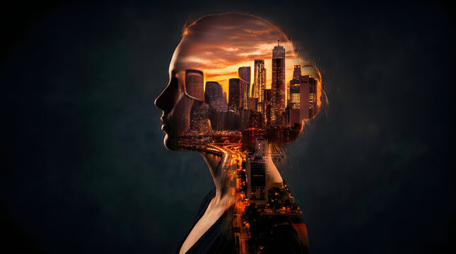 Urban mindscape silhouette of a woman filled with a city skyline at dusk
