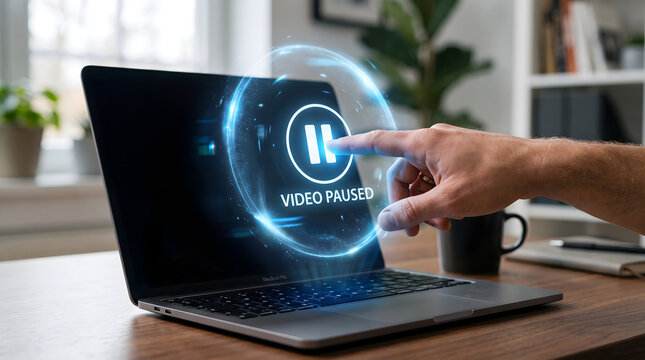 Human finger touching holographic pause button interface displayed above modern laptop