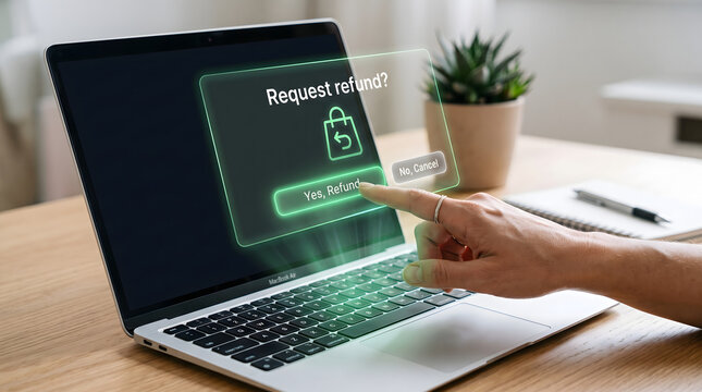 Human finger pressing holographic payment refund request interface above laptop computer