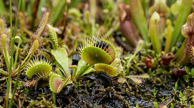 Close up of carnivorous Venus flytrap plants in nature 1.
