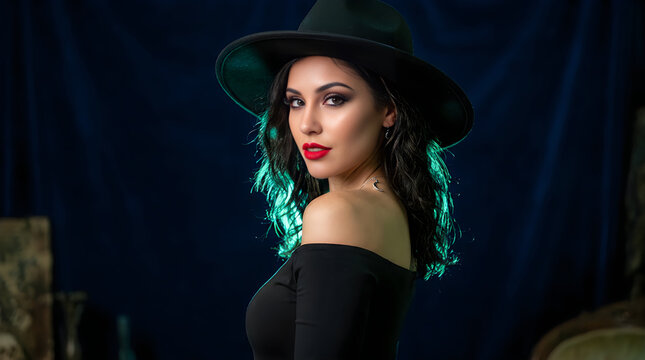 Elegant woman in black hat fashion portrait with dramatic lighting and red lipstick