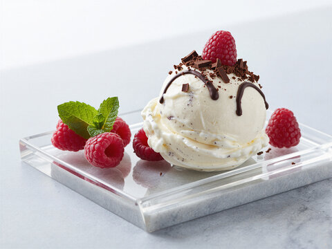 Stracciatella gelato scoop topped with dark chocolate and raspberries on an elegant acrylic dish.