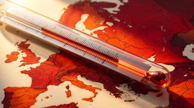 Glass thermometer showing dangerously high red temperature over a map of Europe climate change concept