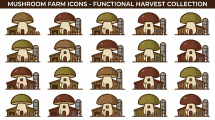 Fototapeta premium Mushroom Farm Icons - Functional Harvest Collection, Flat Vector Illustrations of Buildings with Mushroom Caps, Barns, Silos, and Farming Tools, Earth Tones, White Background