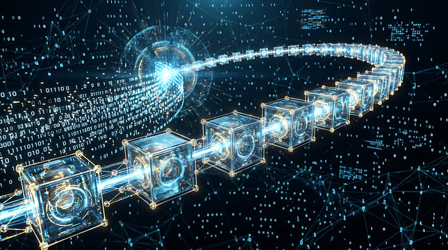 Digital blockchain network connecting data blocks in a futuristic cyberspace, representing distributed ledger technology and cryptocurrency security