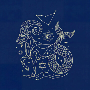 Capricorn zodiac sign line art illustration. Mythical sea goat with fish tail, constellation, sun, and sacred geometry on a dark blue background.
