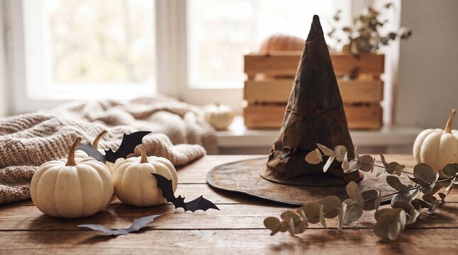 Autumn Halloween still life features white pumpkins, paper bats and a witch hat on a rustic wooden table for festive marketing campaigns
