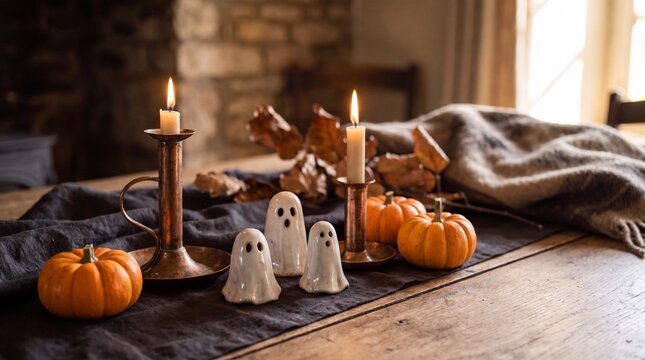 Autumn Halloween scene features ceramic ghosts, miniature pumpkins and a copper candle holder on dark linen for seasonal promotions