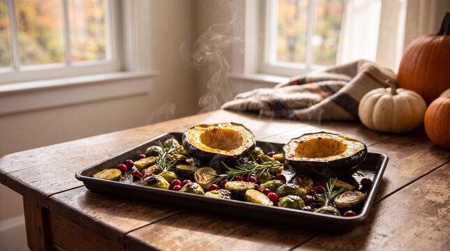 Autumn harvest roasted squash features Brussels sprouts, cranberries and rosemary on a dark tray for healthy seasonal promotions