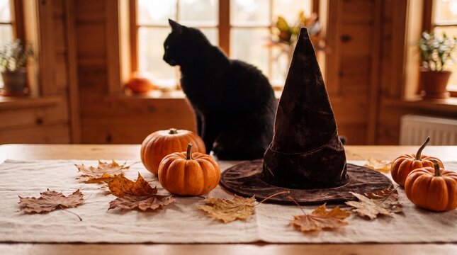 Autumn Halloween composition features a black cat silhouette, orange pumpkins and a vintage witch hat for cozy fall marketing